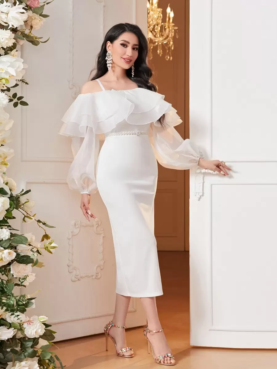 Modelyn Cold Shoulder Ruffle Trim Lantern Sleeve Split Back Dress Long Evening Dresses - White - View 1