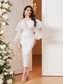 Modelyn Cold Shoulder Ruffle Trim Lantern Sleeve Split Back Dress Long Evening Dresses - White - View 3