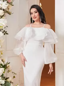 Modelyn Cold Shoulder Ruffle Trim Lantern Sleeve Split Back Dress Long Evening Dresses - White - View 4