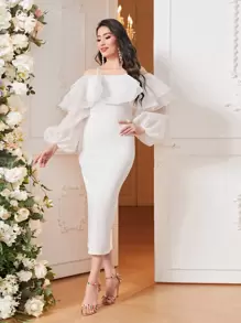 Modelyn Cold Shoulder Ruffle Trim Lantern Sleeve Split Back Dress Long Evening Dresses - White - View 5