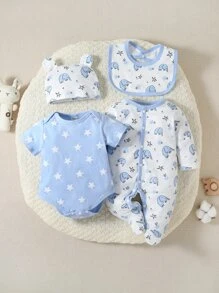 SHEIN Baby Boy 4pcs Elephant & Star Print Contrast Binding Sleepwear & Accessory Hat & Bib - Blue and White - View 1