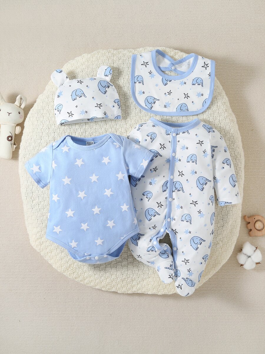 SHEIN Baby Boy 4pcs Elephant & Star Print Contrast Binding Sleepwear & Accessory Hat & Bib - Blue and White - View 1