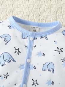 SHEIN Baby Boy 4pcs Elephant & Star Print Contrast Binding Sleepwear & Accessory Hat & Bib - Blue and White - View 7