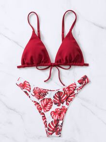 SHEIN Swim 熱帶印花三角形夏日沙灘比基尼套裝 - 紅色 - 查看 1