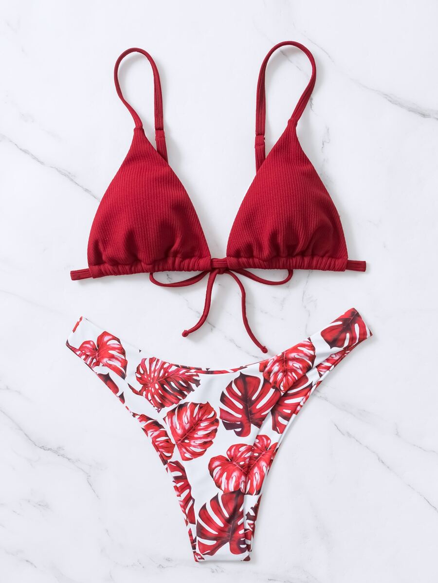 SHEIN Swim 熱帶印花三角形夏日沙灘比基尼套裝 - 紅色 - 查看 1
