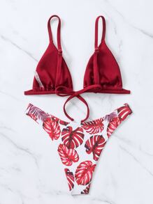 SHEIN Swim 熱帶印花三角形夏日沙灘比基尼套裝 - 紅色 - 查看 2