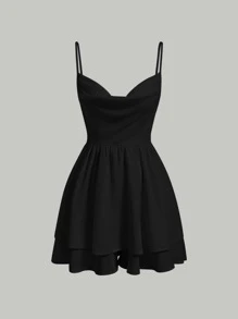 SHEIN MOD 素色垂領吊帶連體短褲 - 黑色 - 查看 1