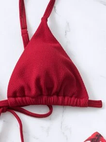 SHEIN Swim 熱帶印花三角形夏日沙灘比基尼套裝 - 紅色 - 查看 6
