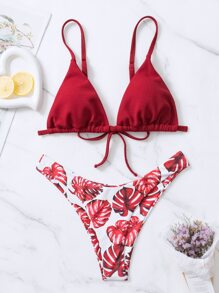 SHEIN Swim 熱帶印花三角形夏日沙灘比基尼套裝 - 紅色 - 查看 7