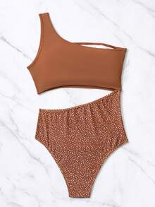 Summer Polka Dot Print Cut Out One Shoulder One Piece Swimsuit - Brown - View 4