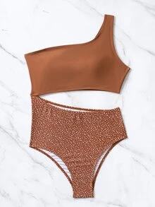 Summer Polka Dot Print Cut Out One Shoulder One Piece Swimsuit - Brown - View 5