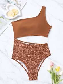 Summer Polka Dot Print Cut Out One Shoulder One Piece Swimsuit - Brown - View 6