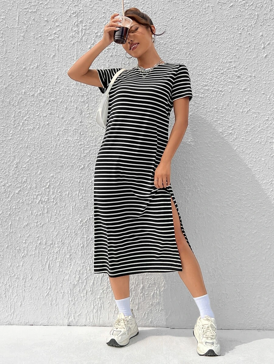 SHEIN EZwear 條紋圖案高衩T恤連衣裙 - 黑色 - 查看 1