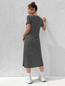 SHEIN EZwear 條紋圖案高衩T恤連衣裙 - 黑色 - 查看 2