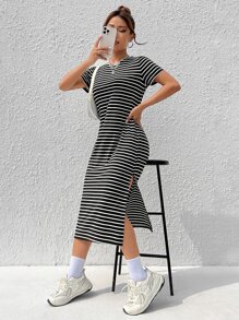 SHEIN EZwear 條紋圖案高衩T恤連衣裙 - 黑色 - 查看 3