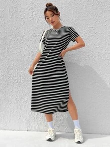 SHEIN EZwear 條紋圖案高衩T恤連衣裙 - 黑色 - 查看 4