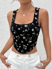 SHEIN MOD 碎花頭巾下擺短款背心 - 黑色 - 查看 1