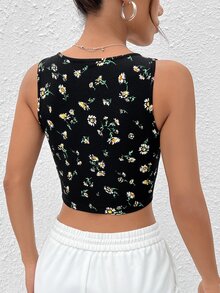 SHEIN MOD 碎花頭巾下擺短款背心 - 黑色 - 查看 3