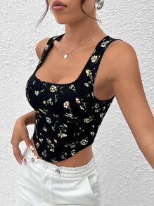 SHEIN MOD 碎花頭巾下擺短款背心 - 黑色 - 查看 4
