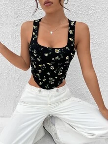 SHEIN MOD 碎花頭巾下擺短款背心 - 黑色 - 查看 5