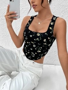 SHEIN MOD 碎花頭巾下擺短款背心 - 黑色 - 查看 6