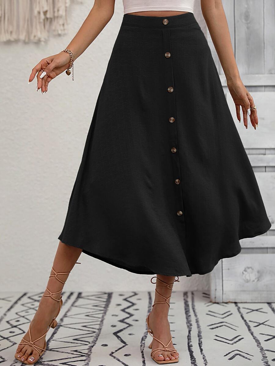 SHEIN VCAY Váy nữ Nút phía trước màu trơn Giải trí - màu đen - Xem 1