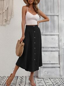 SHEIN VCAY Váy nữ Nút phía trước màu trơn Giải trí - màu đen - Xem 6