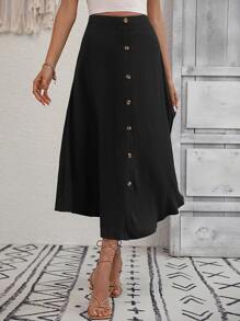 SHEIN VCAY Váy nữ Nút phía trước màu trơn Giải trí - màu đen - Xem 4