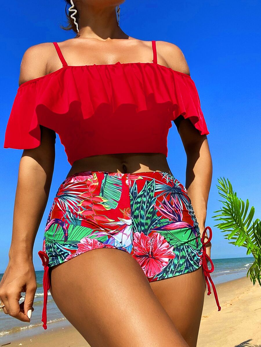 Swim Lushoire Tropical Tankini Set Cold Shoulder Ruffle Top & High Waisted Shorts 2 Pieces Bathing Suit Summer - Multicolor - View 1