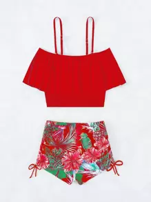 Swim Lushoire Tropical Tankini Set Cold Shoulder Ruffle Top & High Waisted Shorts 2 Pieces Bathing Suit Summer - Multicolor - View 2