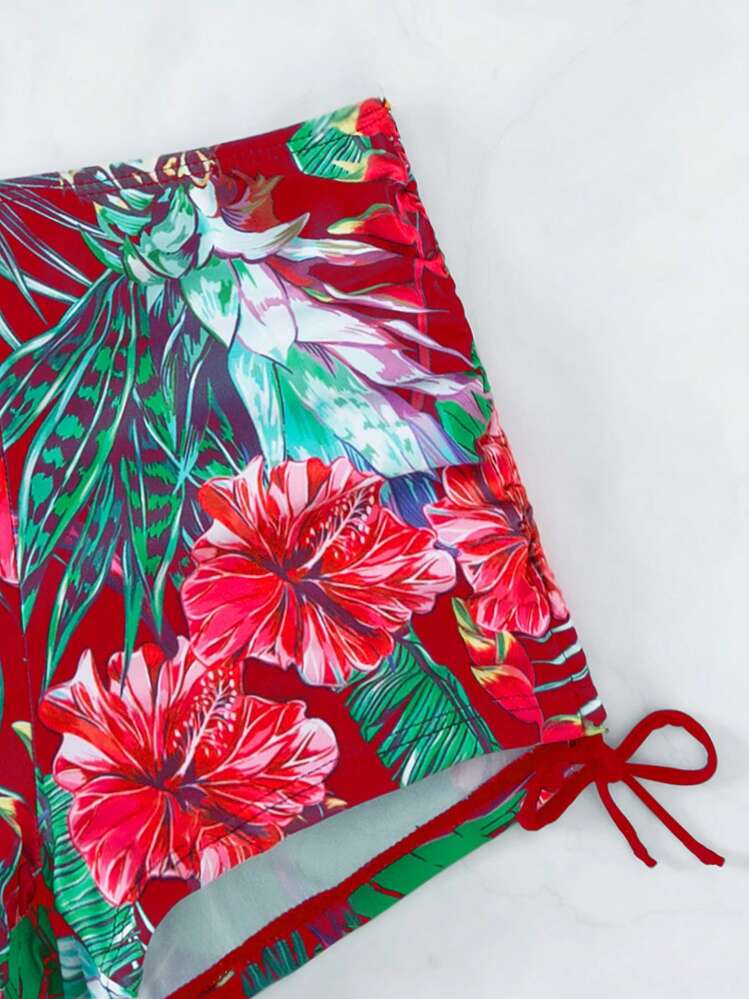 Swim Lushoire Tropical Tankini Set Cold Shoulder Ruffle Top & High Waisted Shorts 2 Pieces Bathing Suit Summer - Multicolor - View 4