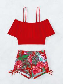 Swim Lushoire Tropical Tankini Set Cold Shoulder Ruffle Top & High Waisted Shorts 2 Pieces Bathing Suit Summer - Multicolor - View 5