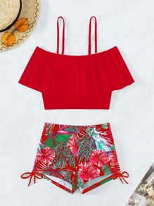 Swim Lushoire Tropical Tankini Set Cold Shoulder Ruffle Top & High Waisted Shorts 2 Pieces Bathing Suit Summer - Multicolor - View 6