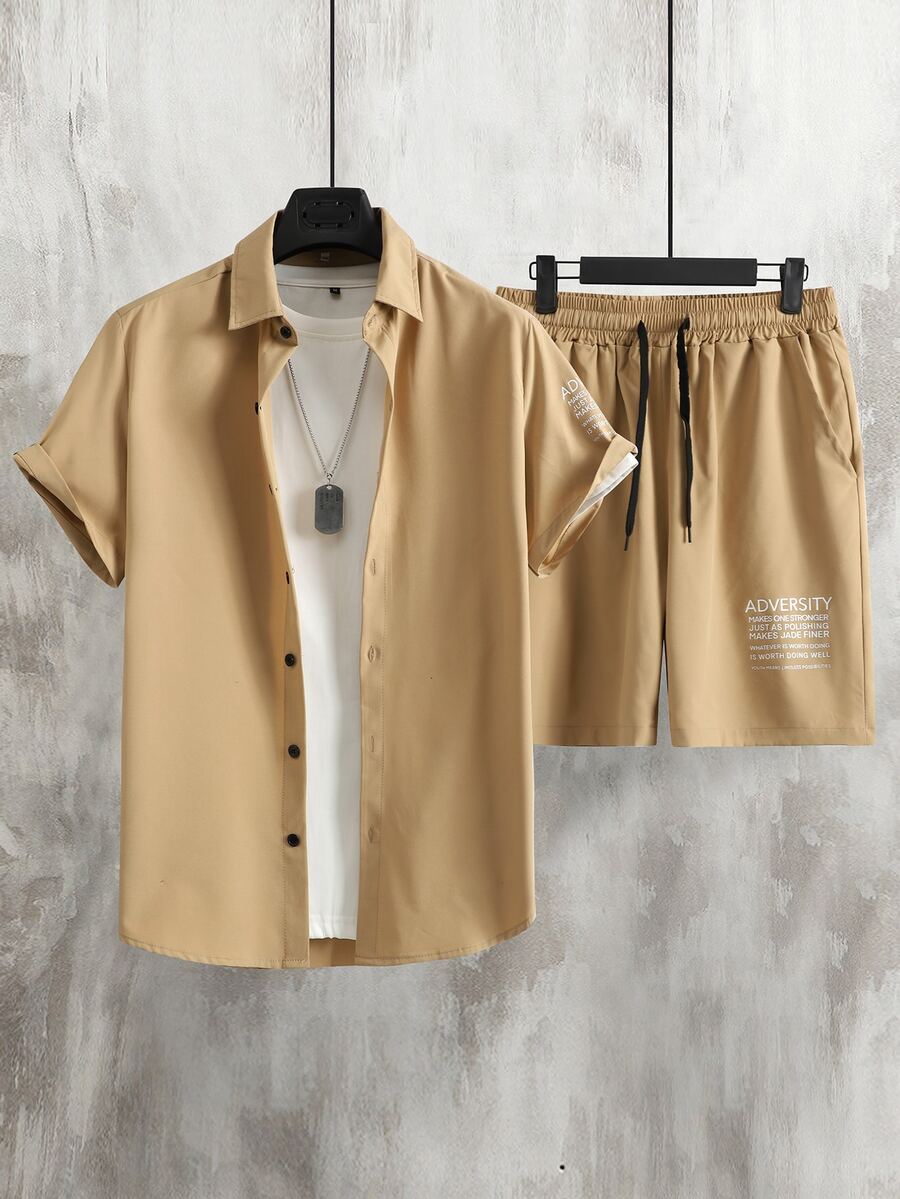 Manfinity Men Slogan Graphic Shirt & Drawstring Waist Shorts Without Tee - Khaki - View 1
