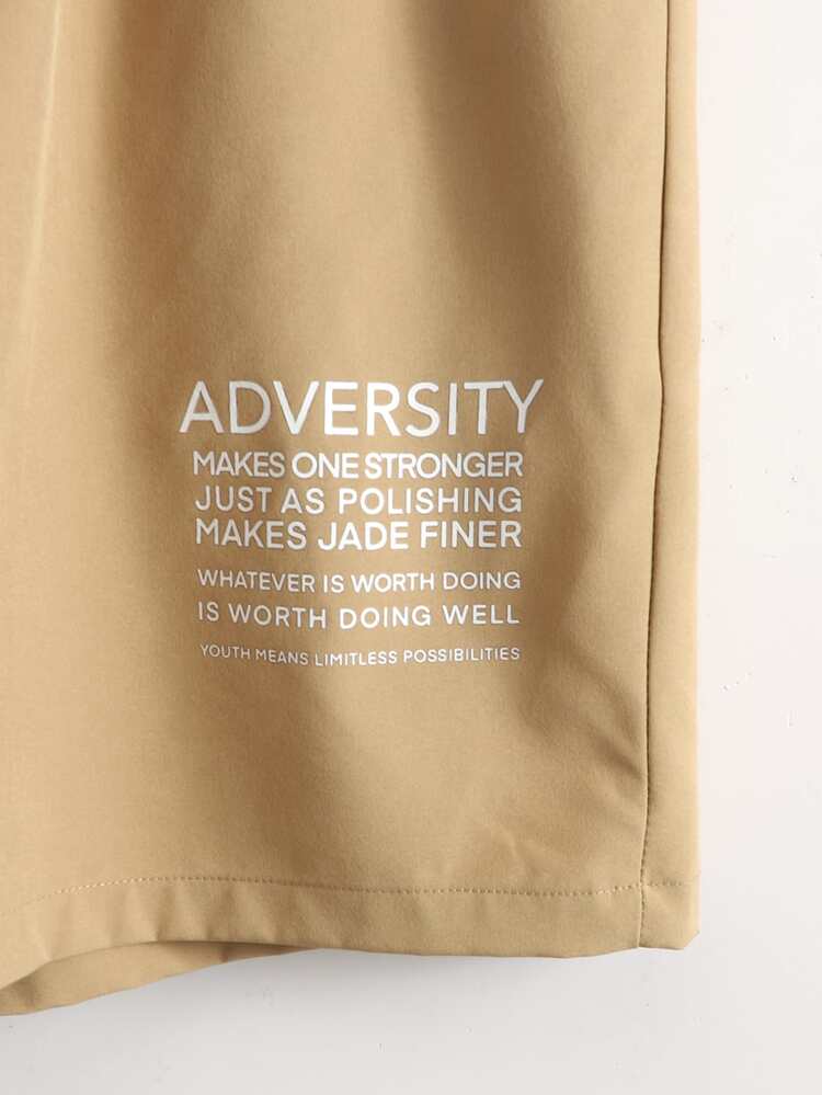 Manfinity Men Slogan Graphic Shirt & Drawstring Waist Shorts Without Tee - Khaki - View 3