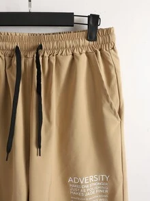 Manfinity Men Slogan Graphic Shirt & Drawstring Waist Shorts Without Tee - Khaki - View 6