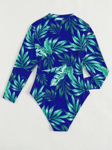 SHEIN Swim Tropical Print Zipper Front High Neck One Piece Swimsuit,Summer Beach - Blue - View 2