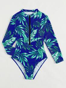 SHEIN Swim Tropical Print Zipper Front High Neck One Piece Swimsuit,Summer Beach - Blue - View 3