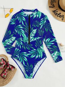 SHEIN Swim Tropical Print Zipper Front High Neck One Piece Swimsuit,Summer Beach - Blue - View 4
