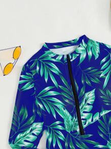 SHEIN Swim Tropical Print Zipper Front High Neck One Piece Swimsuit,Summer Beach - Blue - View 5