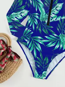 SHEIN Swim Tropical Print Zipper Front High Neck One Piece Swimsuit,Summer Beach - Blue - View 6