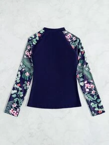 Swim SPRTY Tropical Print Raglan Sleeve High Neck Rashguard With Long Sleeve Swim Shirt,Summer Beach - Navy Blue - View 2