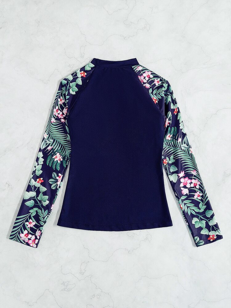 Swim SPRTY Tropical Print Raglan Sleeve High Neck Rashguard With Long Sleeve Swim Shirt,Summer Beach - Navy Blue - View 2