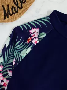 Swim SPRTY Tropical Print Raglan Sleeve High Neck Rashguard With Long Sleeve Swim Shirt,Summer Beach - Navy Blue - View 3