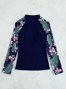 Swim SPRTY Tropical Print Raglan Sleeve High Neck Rashguard With Long Sleeve Swim Shirt,Summer Beach - Navy Blue - View 4