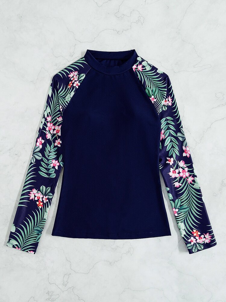 Swim SPRTY Tropical Print Raglan Sleeve High Neck Rashguard With Long Sleeve Swim Shirt,Summer Beach - Navy Blue - View 4