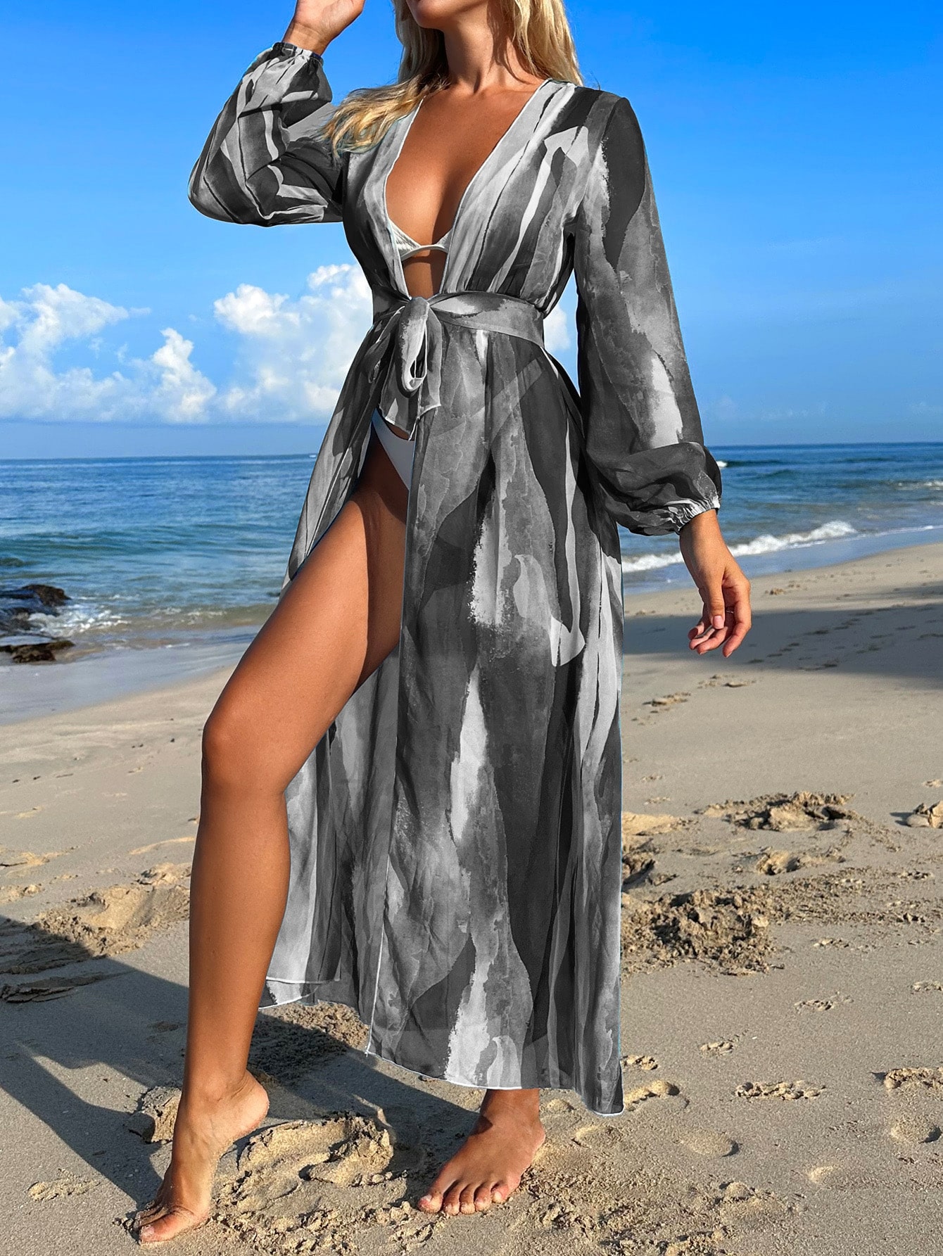 Brush print belted kimono