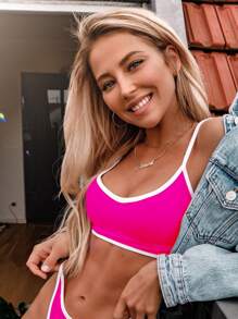 Contrast Binding Bikini Top - Hot Pink - View 1