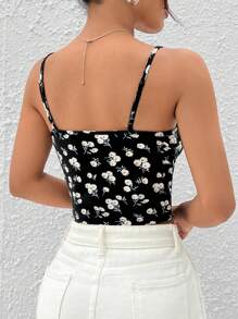 SHEIN EZwear 夏季外出黑色花卉印花蕾絲修邊性感背心 - 黑色 - 查看 2