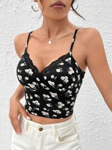 SHEIN EZwear 夏季外出黑色花卉印花蕾絲修邊性感背心 - 黑色 - 查看 3